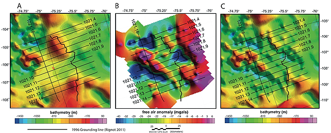 Gravimeter data showing bedrock and sub-ice water near the Thwaites Glacier, Antarctica.